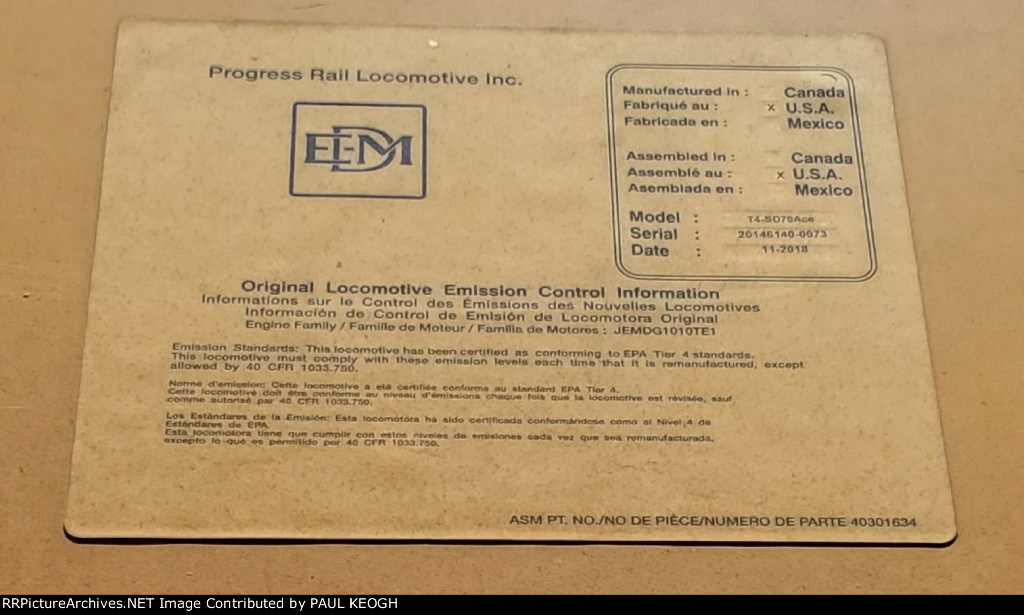 UP 3094's EMD/Progressive Rails Locomotive Data Plate